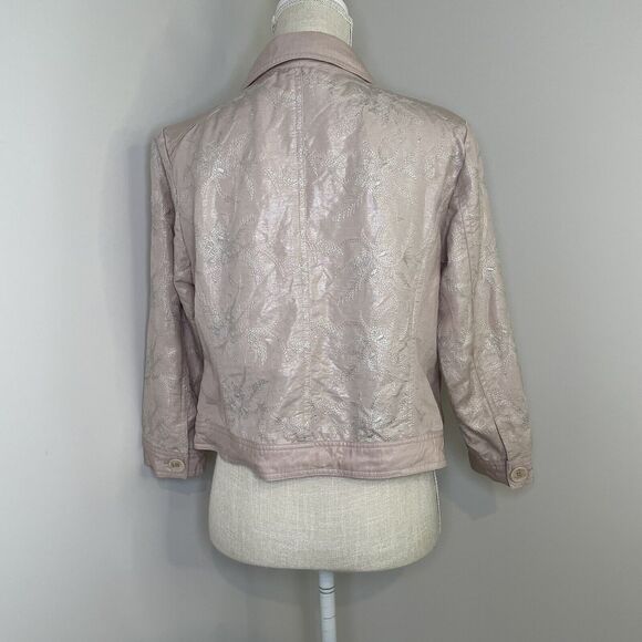 Chico's Linen Pearlized Embroidered Pink Blush Full Button Jacket Size 1 - Picture 3 of 11